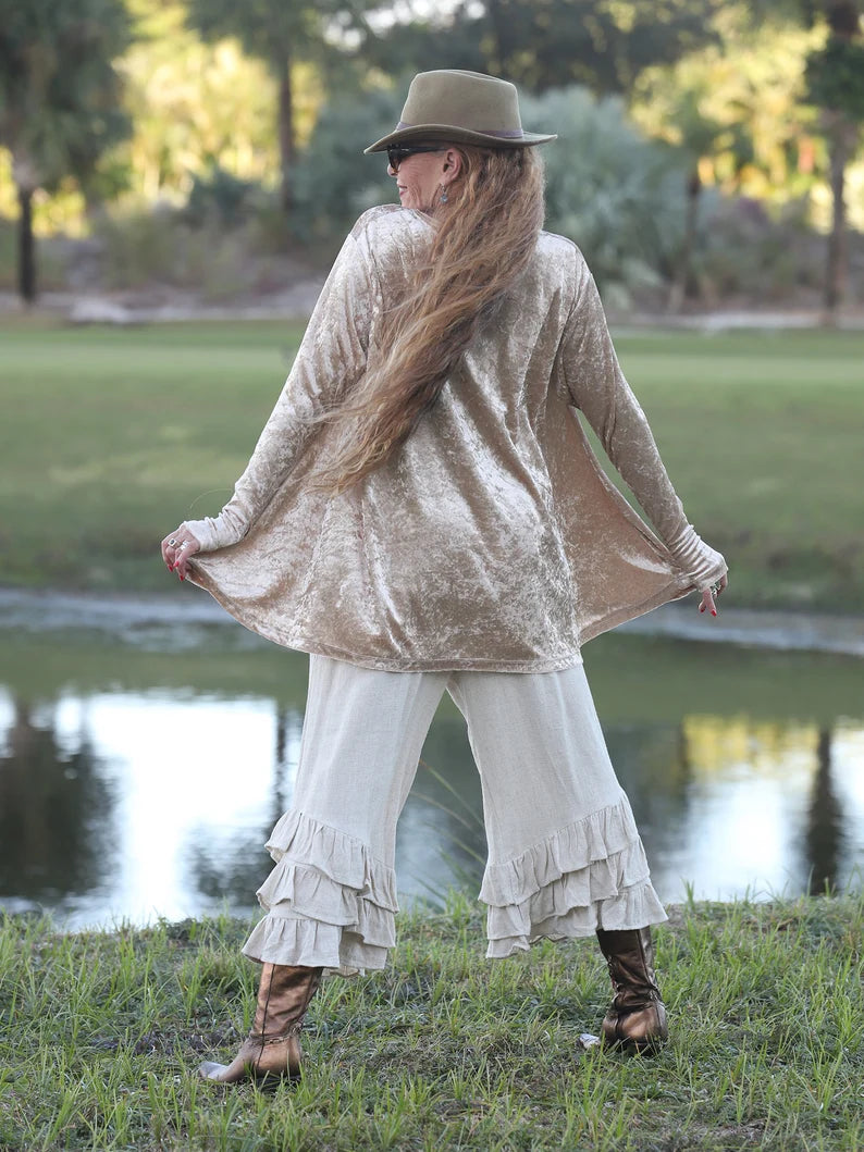 Beige Crushed Stretch Velvet Flare Top