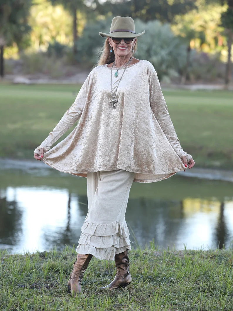 Beige Crushed Stretch Velvet Flare Top