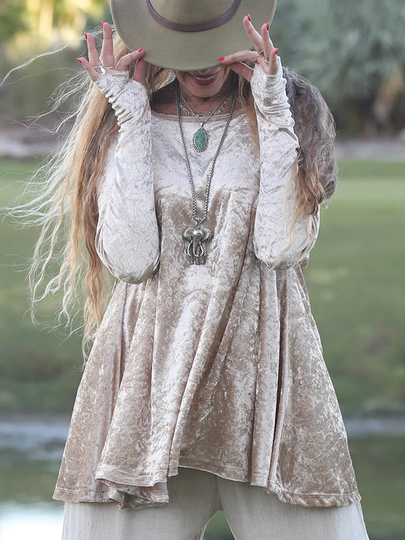 Beige Crushed Stretch Velvet Flare Top