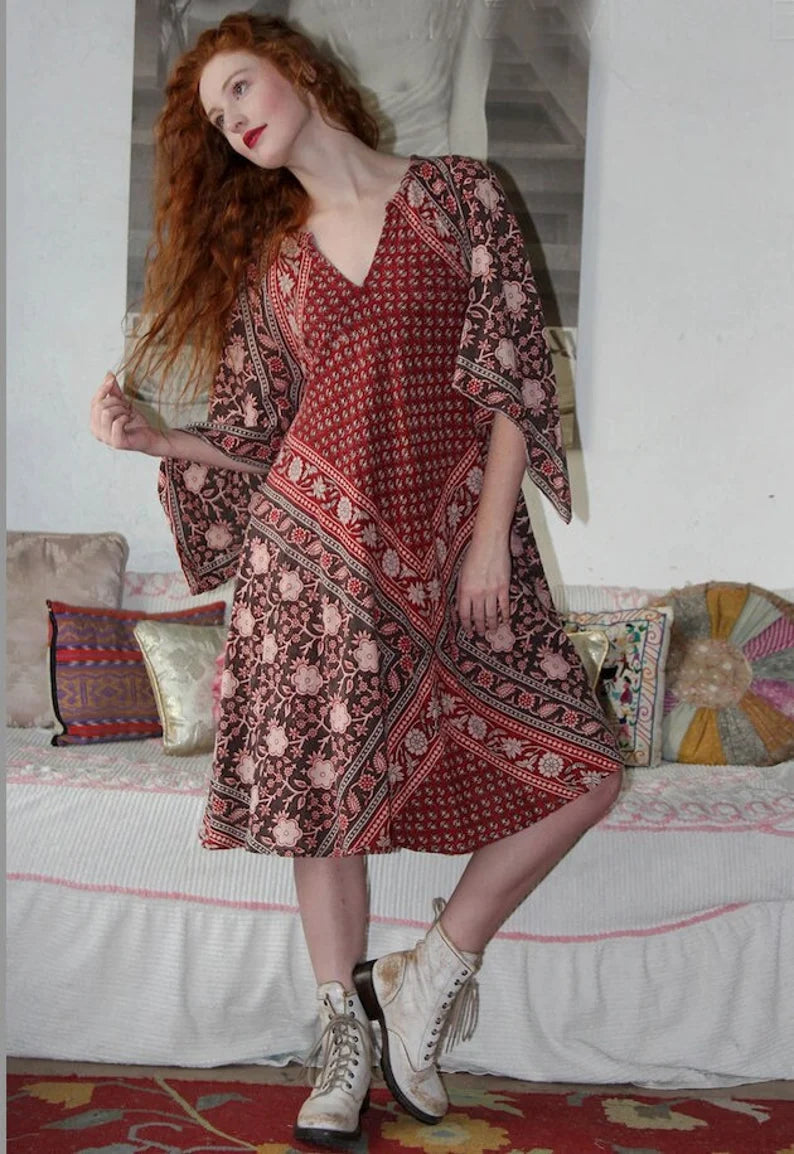 70s Ethnic Batik Bell Sleeve Dress