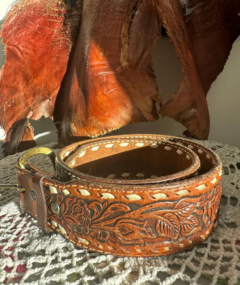 70s Cognac Brown Tooled Rose Floral Tooled Belt