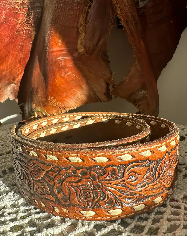 70s Cognac Brown Tooled Rose Floral Tooled Belt