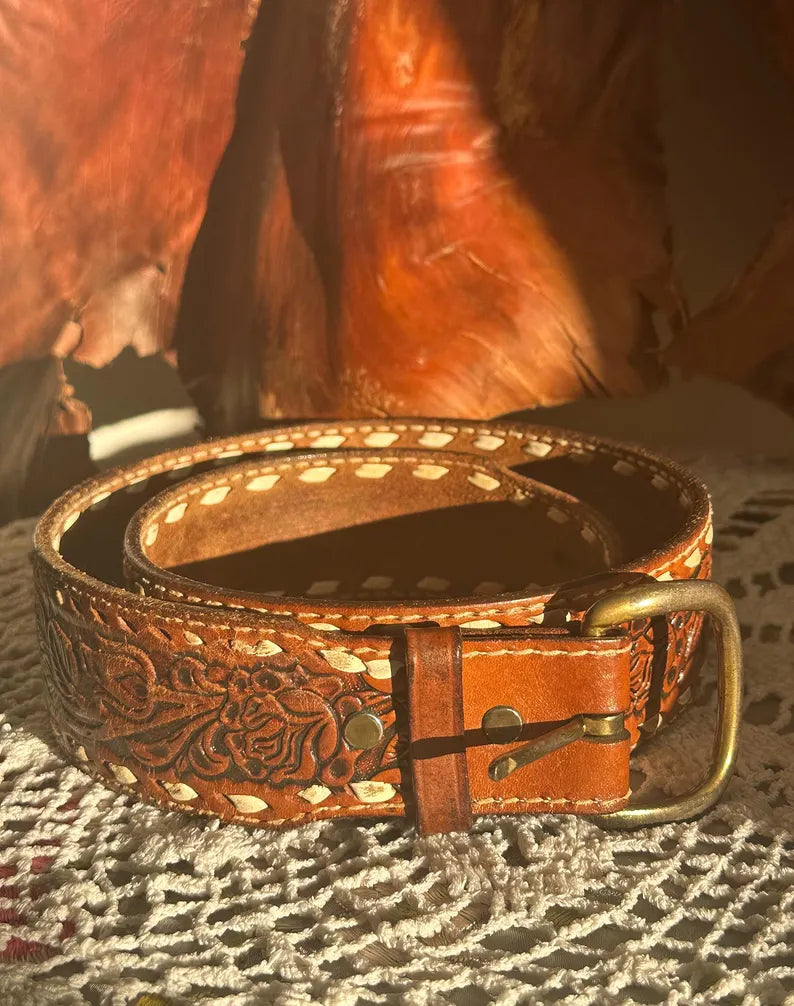 70s Cognac Brown Tooled Rose Floral Tooled Belt