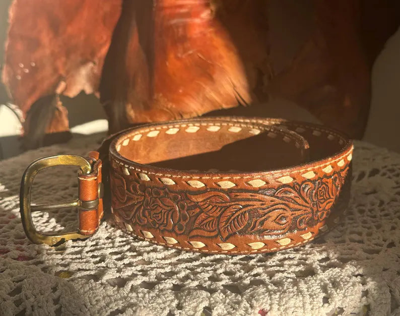 70s Cognac Brown Tooled Rose Floral Tooled Belt