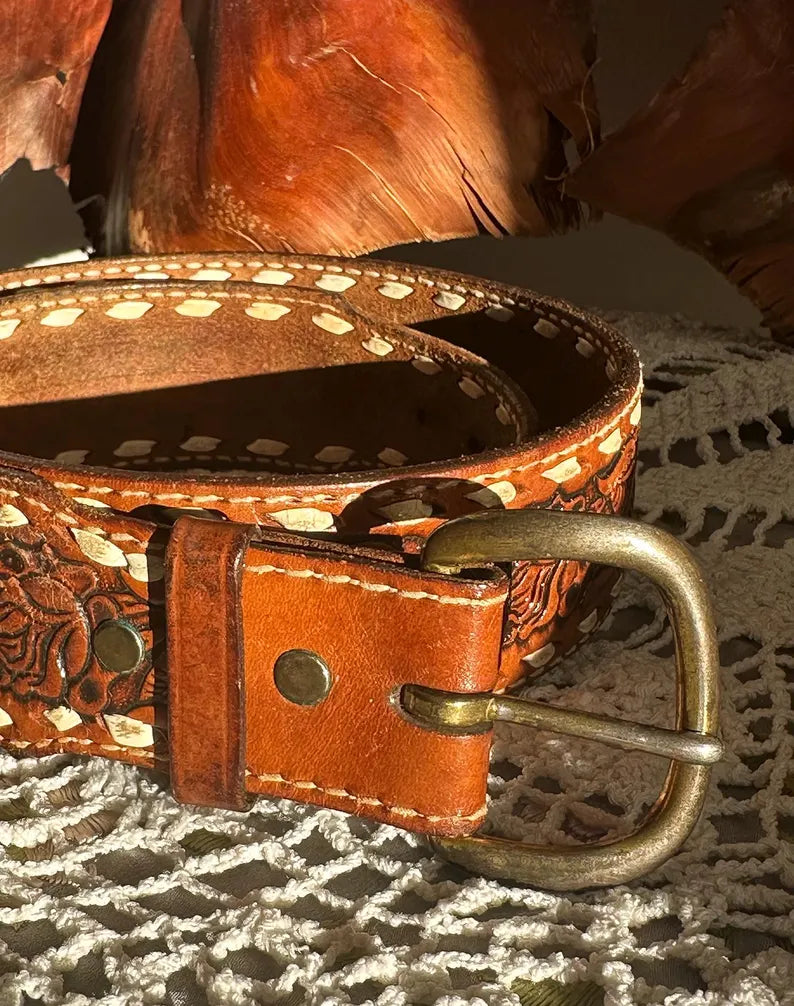 70s Cognac Brown Tooled Rose Floral Tooled Belt