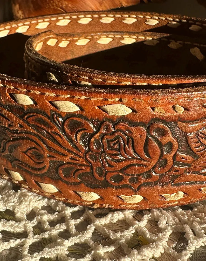 70s Cognac Brown Tooled Rose Floral Tooled Belt