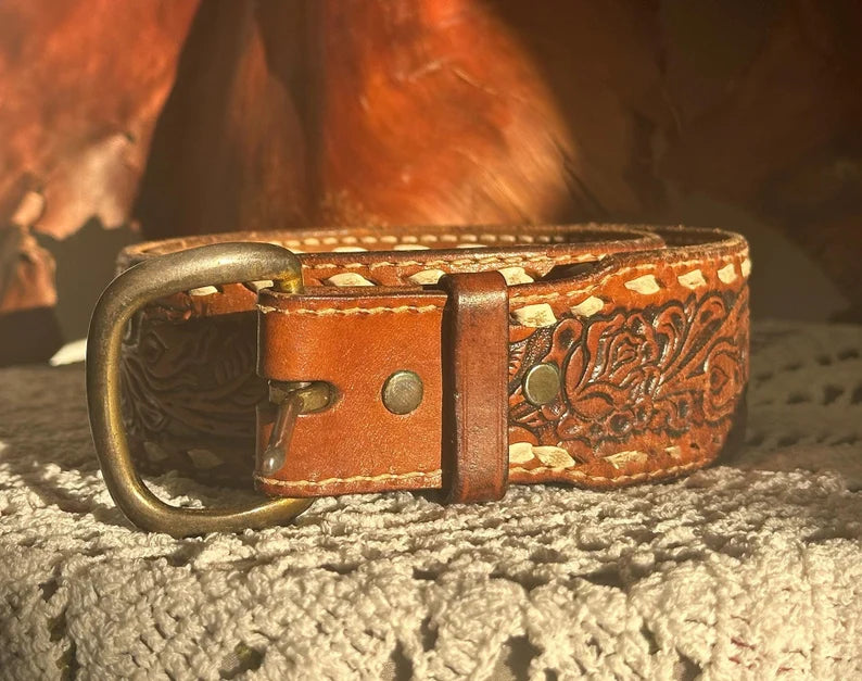 70s Cognac Brown Tooled Rose Floral Tooled Belt