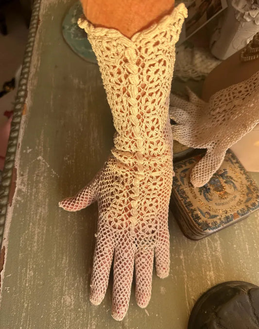 Antique Edwardian Long Ivory Hand Crochet Floral Netted Gloves