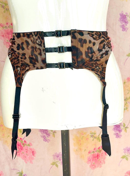 80s Leopard Leather Belted Garter Belt