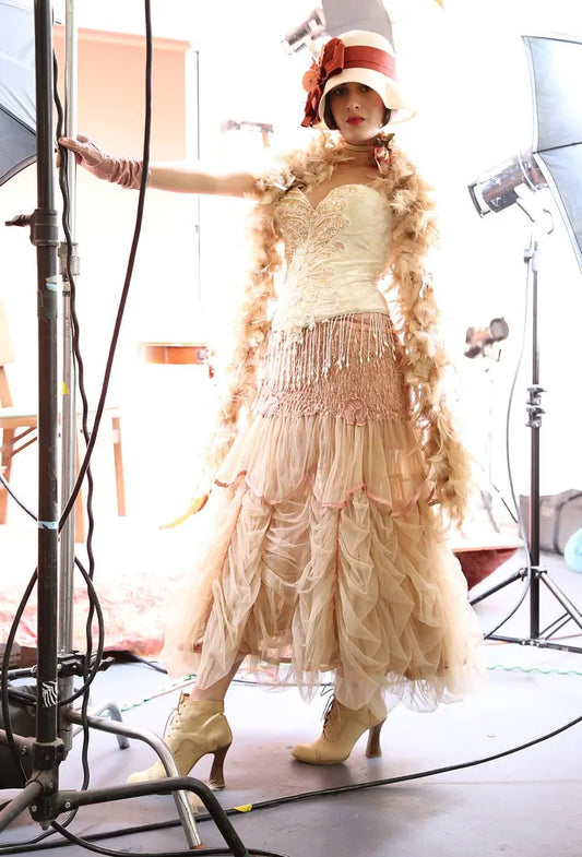 50s Show Girl White Gold Sequin Beaded Pearlized Fringed Velvet Corset