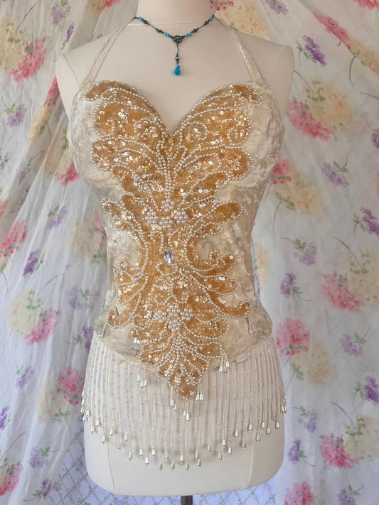 50s Show Girl White Gold Sequin Beaded Pearlized Fringed Velvet Corset