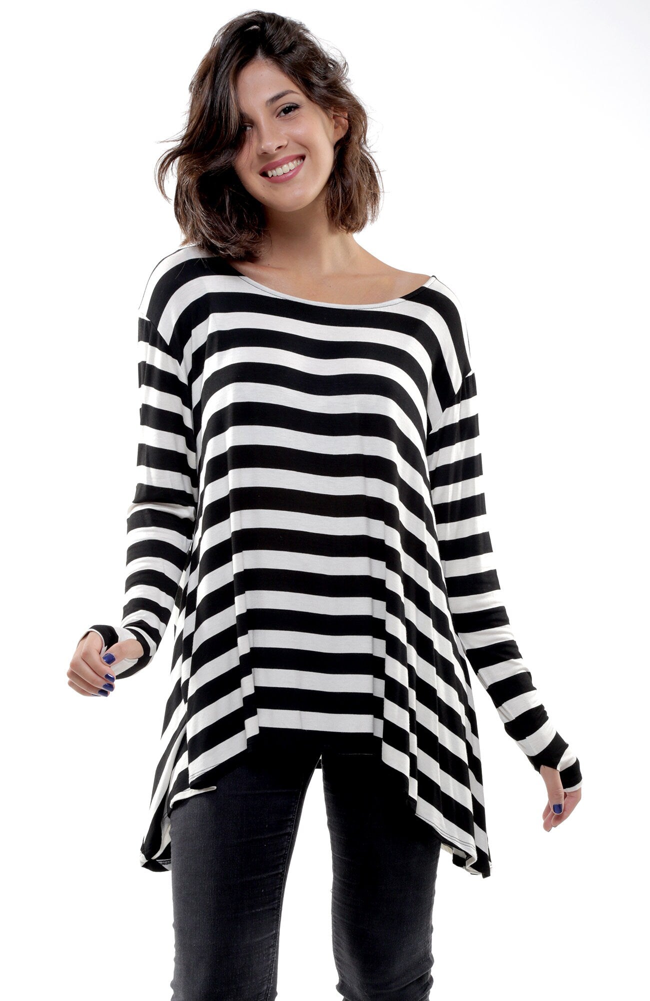 SUSIE STRIPE Frenchie Thumbhole Flare Top