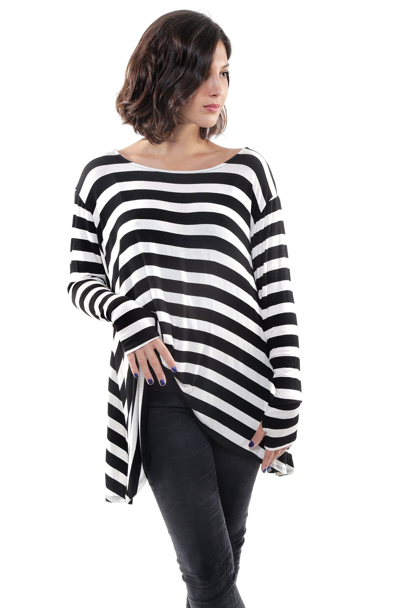 SUSIE STRIPE Frenchie Thumbhole Flare Top