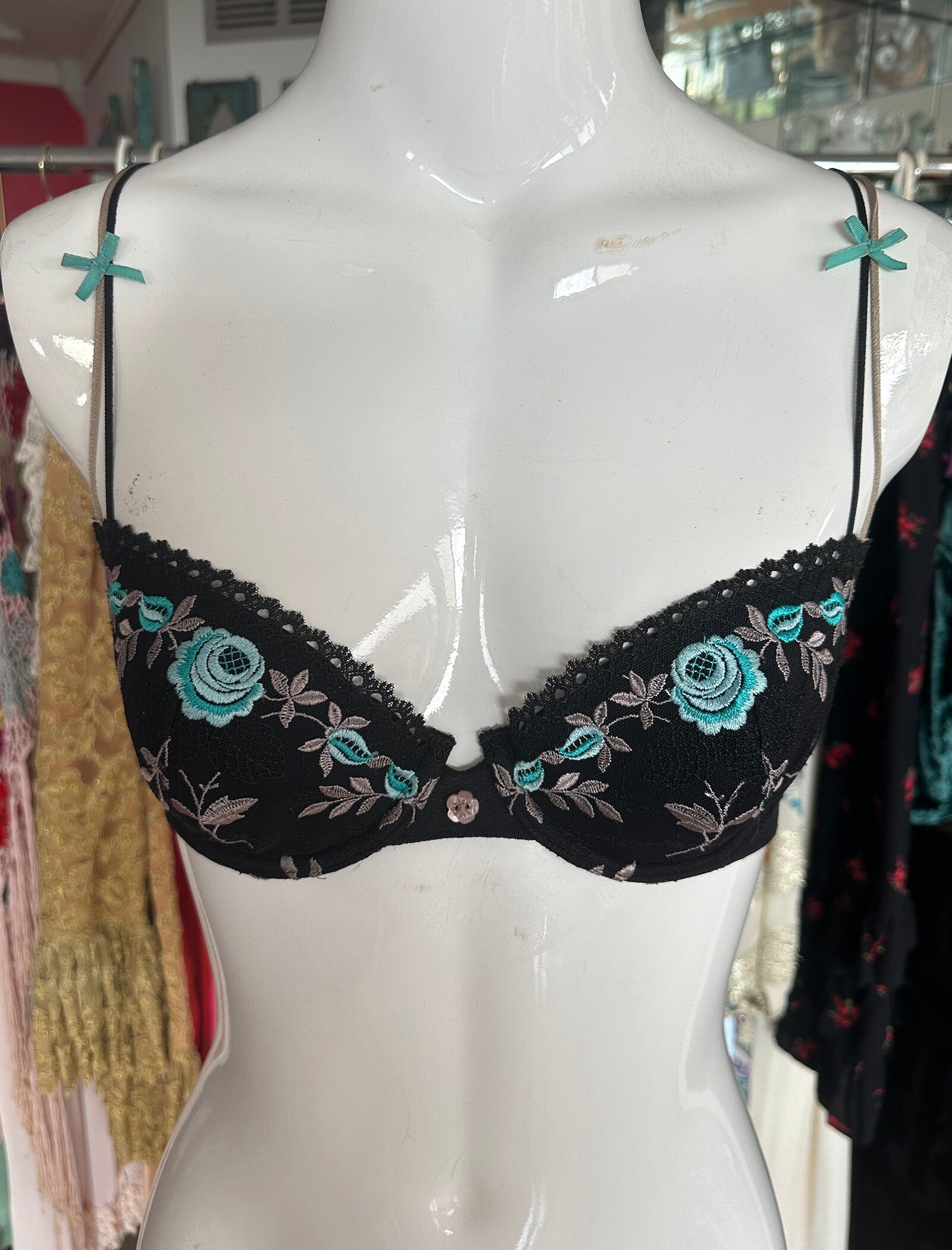 Vintage 90s Black and Turquoise Victorias Secret Bra 34B