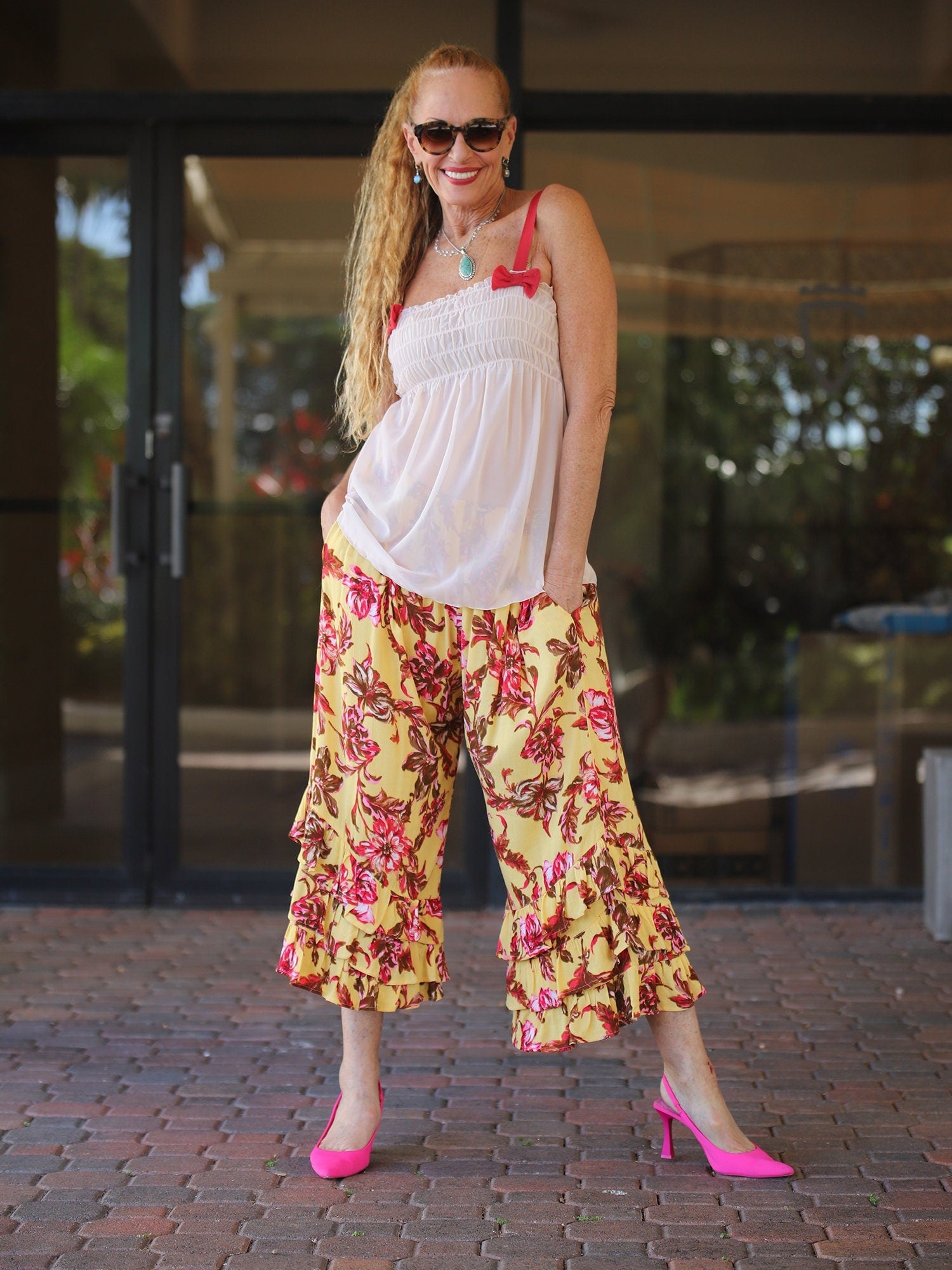 Yellow Floral Ruffle PantalOOn Bloomer Pants with Pockets, Yellow and Fuchsia Bloomers, Bloomers with Pockets