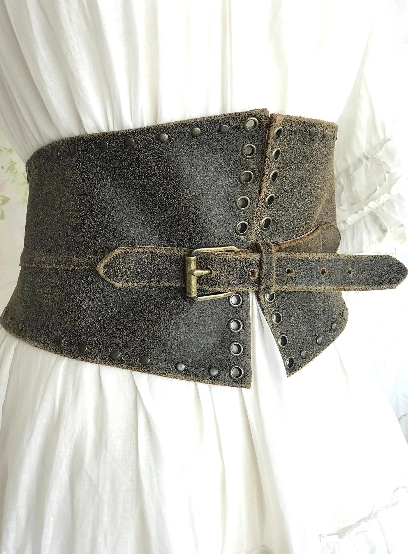 80s Distressed Leather Wide Corset Waist Belt