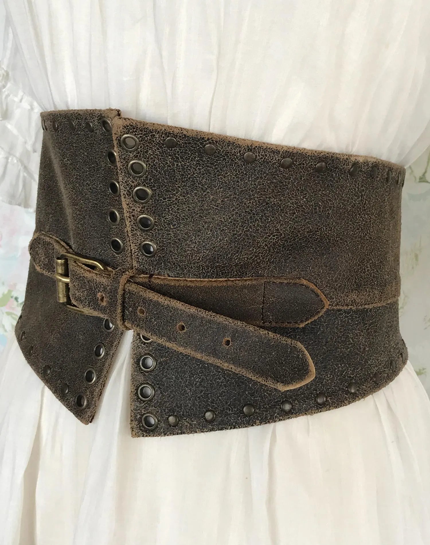 80s Distressed Leather Wide Corset Waist Belt