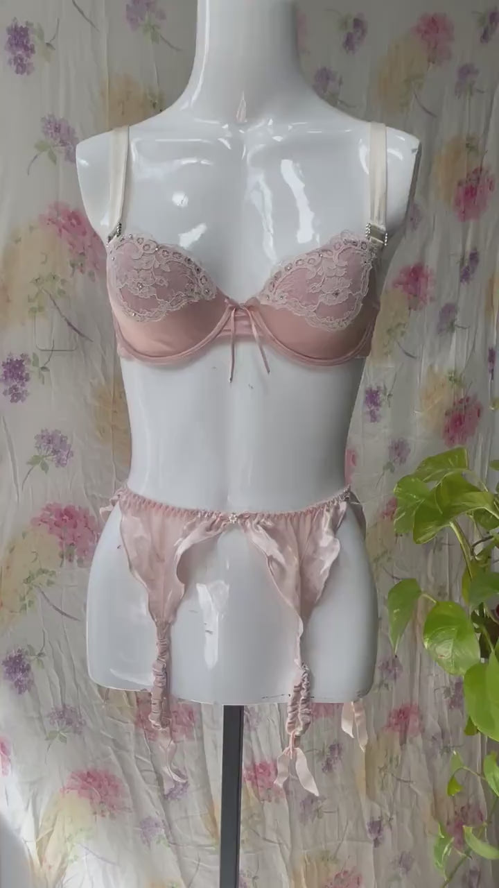 90s Pink Satin Bra Garter Lace Rhinestone Set 34B
