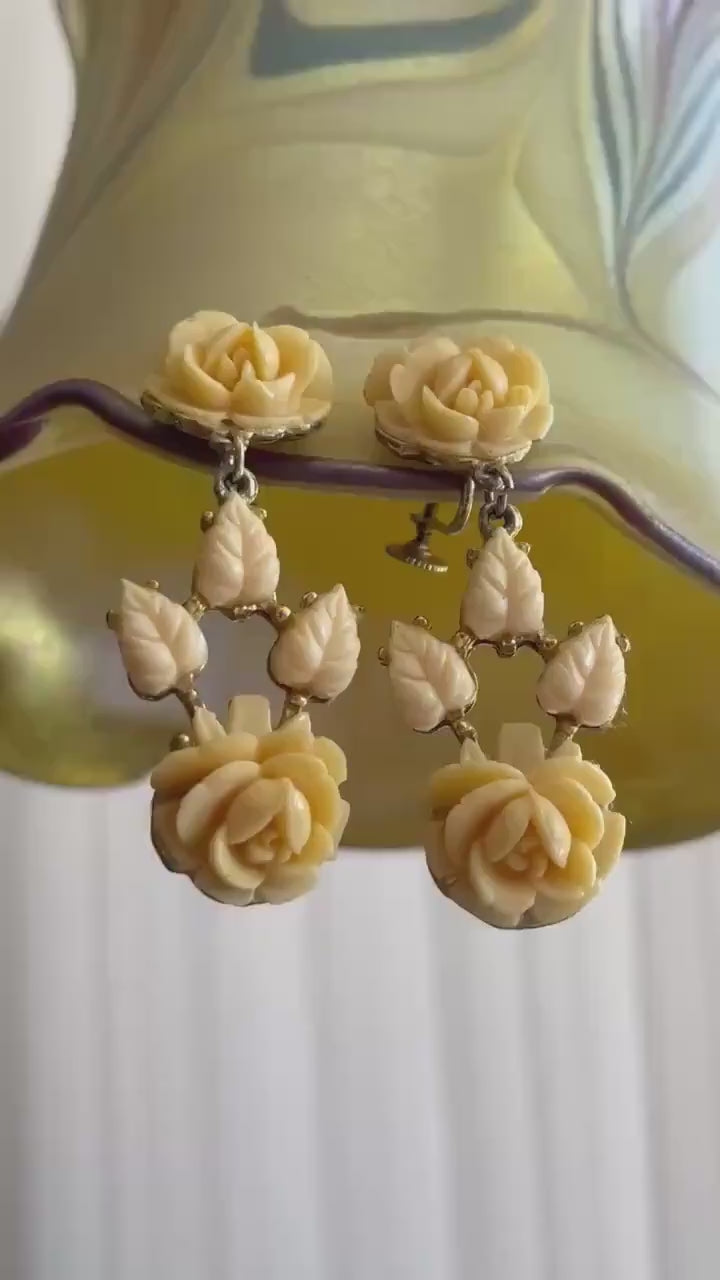 50s Ivory Color Rose Dangle Screw On Earrings