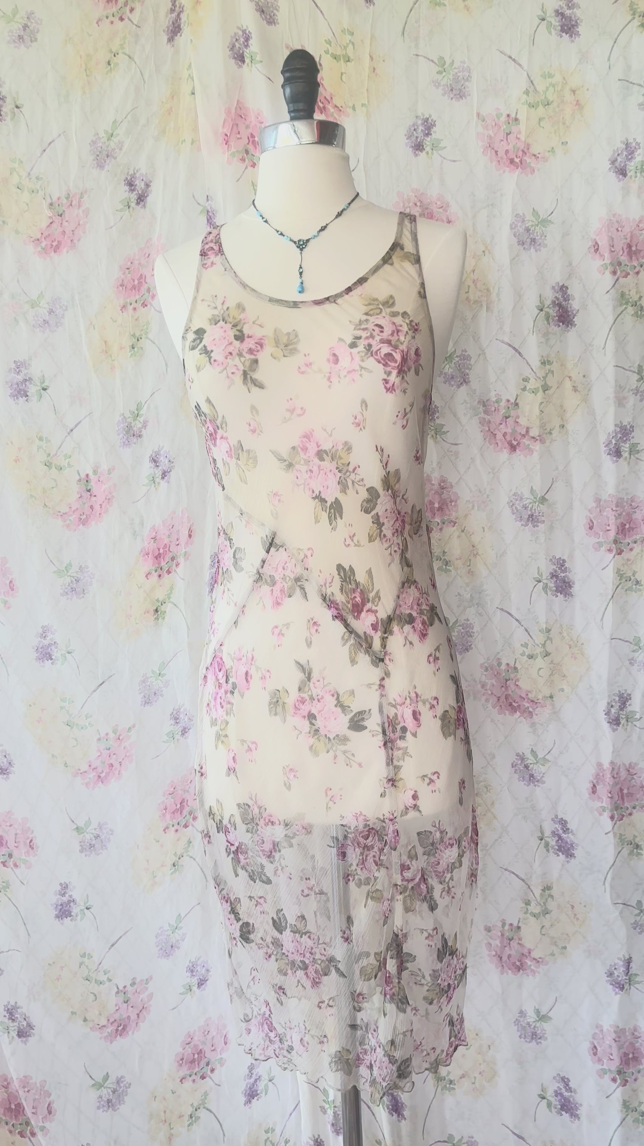 1930s Sheer Rose Floral Chiffon Slip Dress