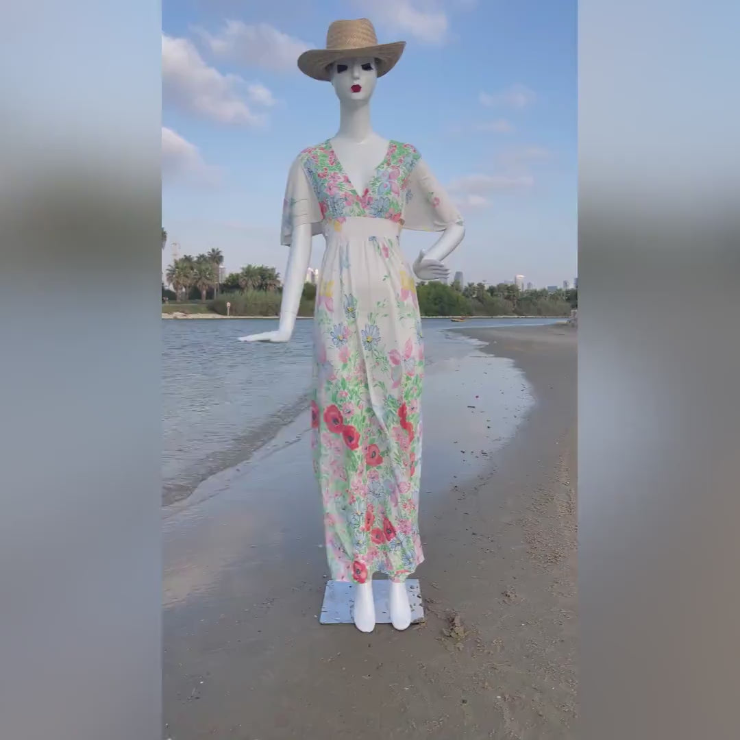 70s White Floral Bell Sleeve Maxi Dress