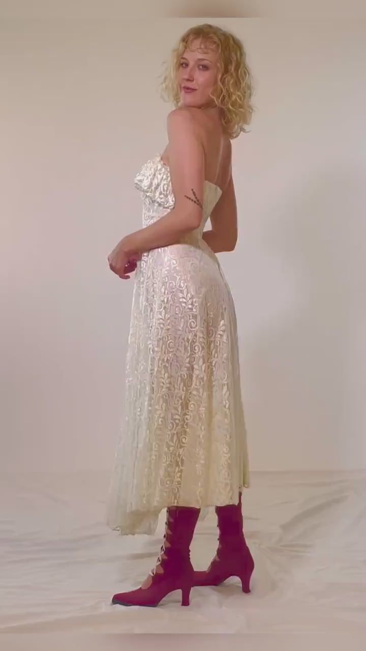 70s White Lace Strapless Ruffle Dress, White Lace Wedding Dress