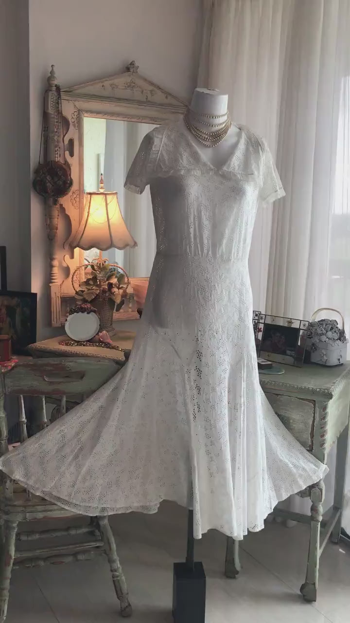 30s White Eyelet Lace Wedding Dress, Flapper Wedding Dress