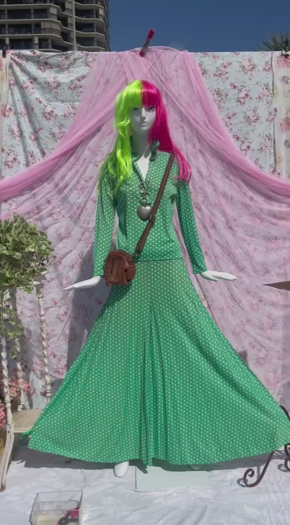 60s Green and White Polka Dot Blouse Pleated Palazzo Pants Set