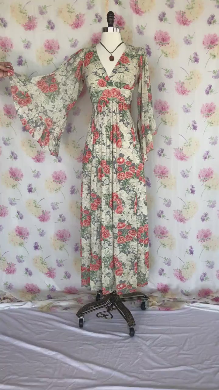 70s Floral Bell Sleeve Angel Wing Maxi Dress