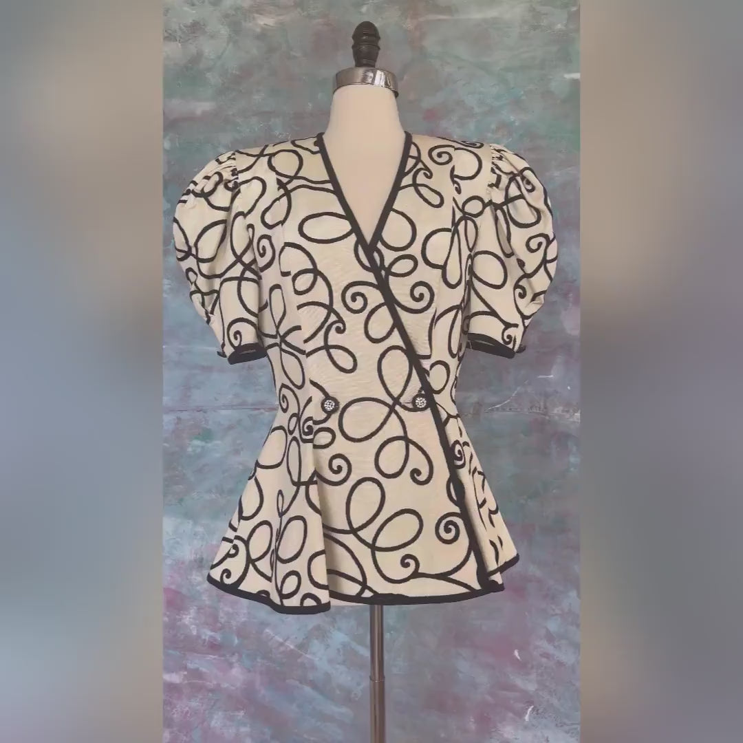 80s Black and White Peplum Puff Sleeve Jacket