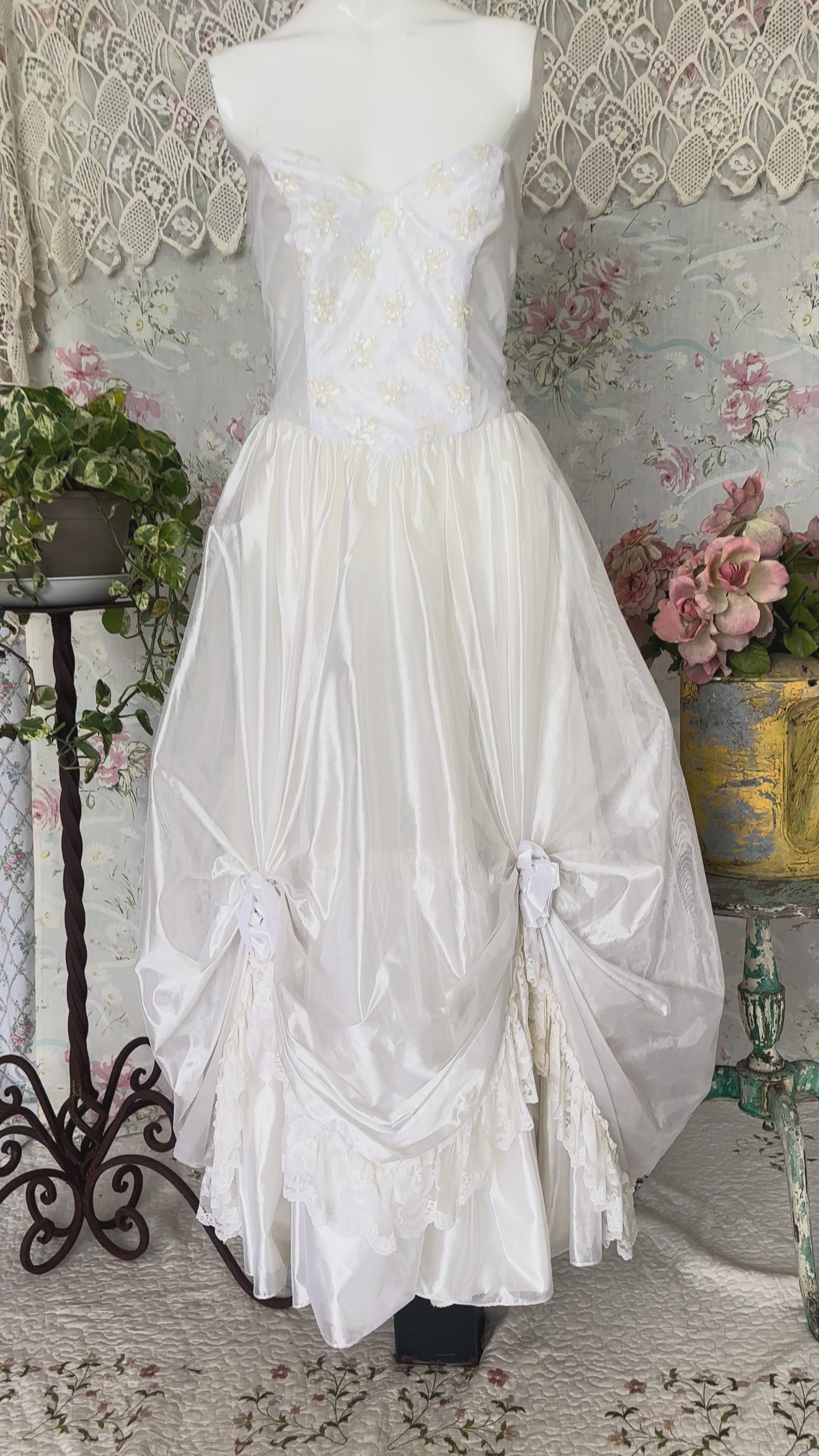 70s White Shimmery Strapless Victorian Revival Wedding Dress
