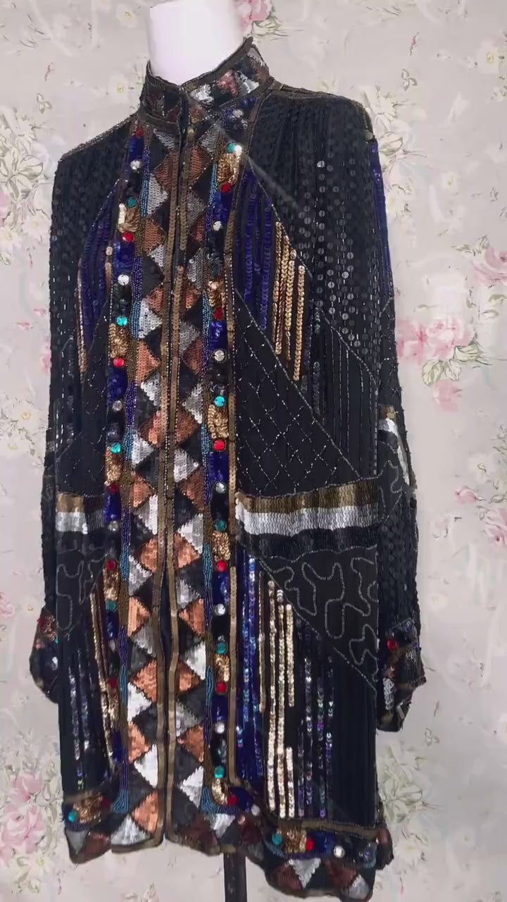 80s Black Silver Gold Sequin Beaded Duster Jacket with Jewels