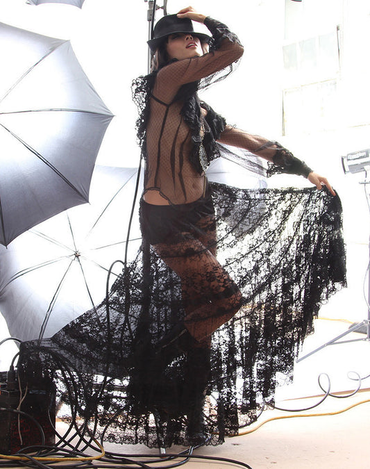 80s Black Lace Maxi Skirt
