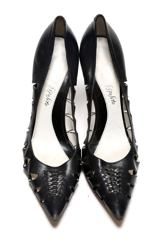 90s Black Ernesto Esposito Cut Leather High Heel Pumps Size 38 Us 8