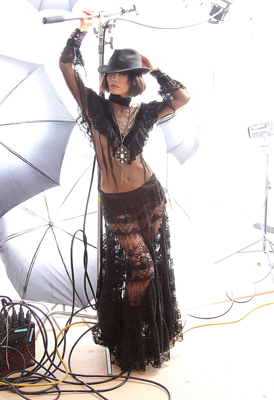80s Black Lace Maxi Skirt