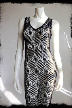 80s Black Crochet Fringed Maxi Dress
