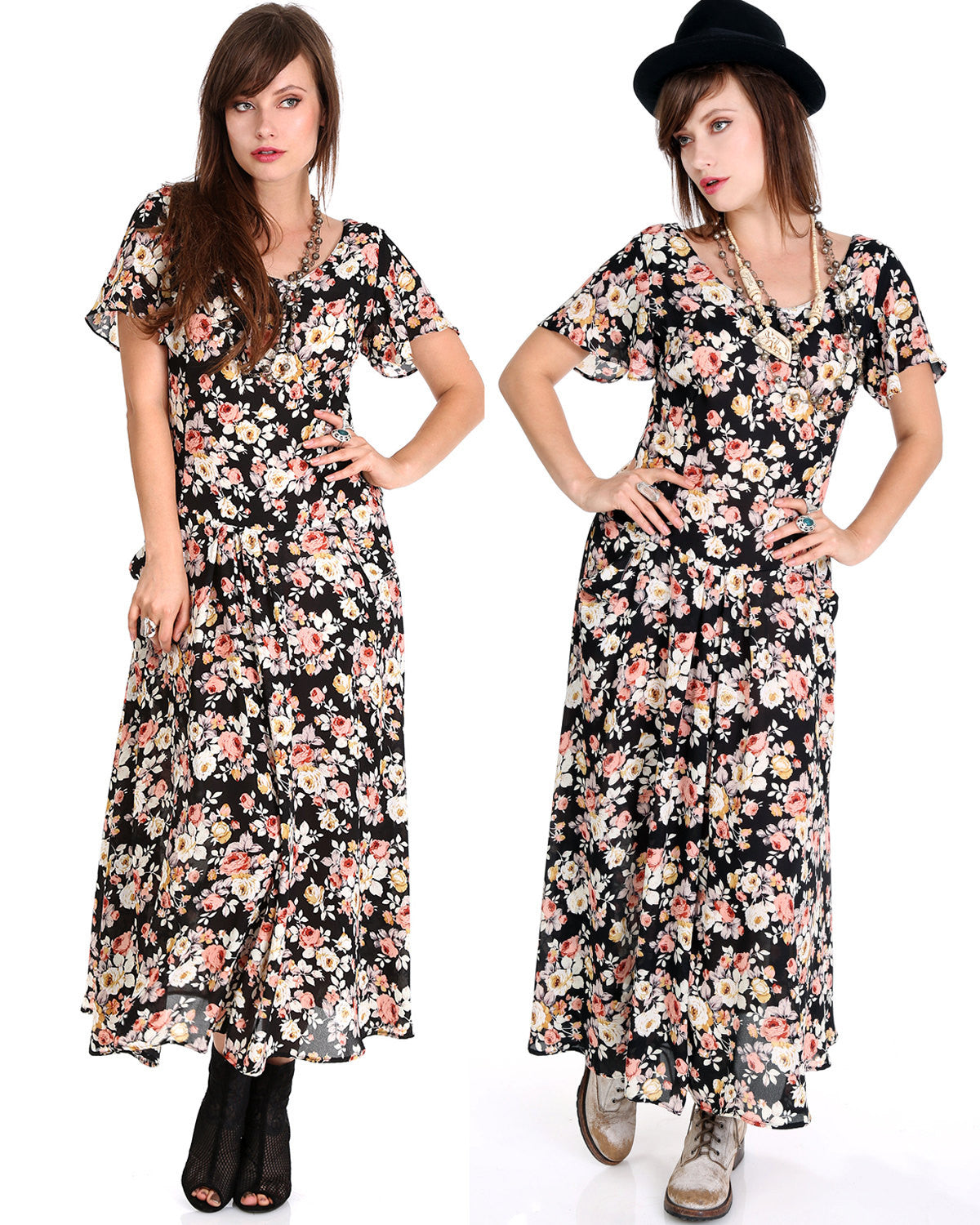 Tessa Black Floral Drop Waist Dress