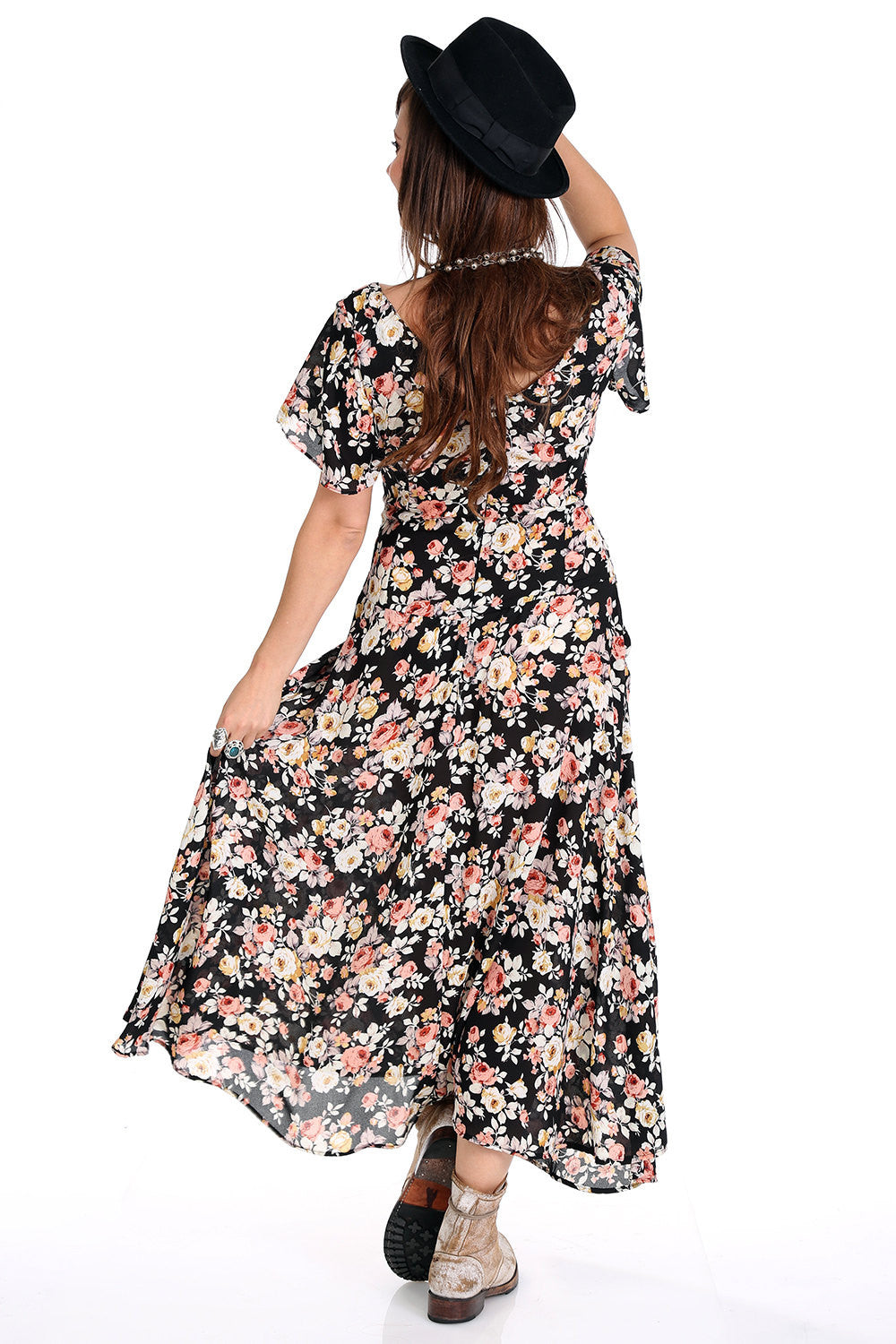 Tessa Black Floral Drop Waist Dress