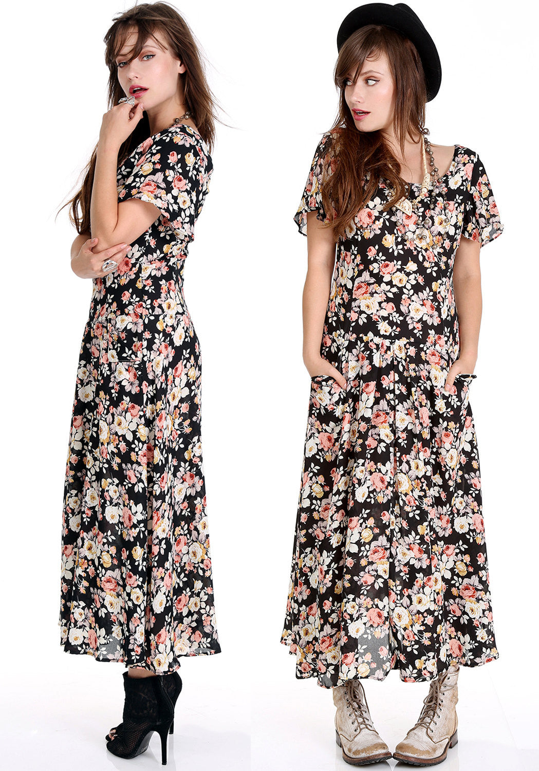 Tessa Black Floral Drop Waist Dress