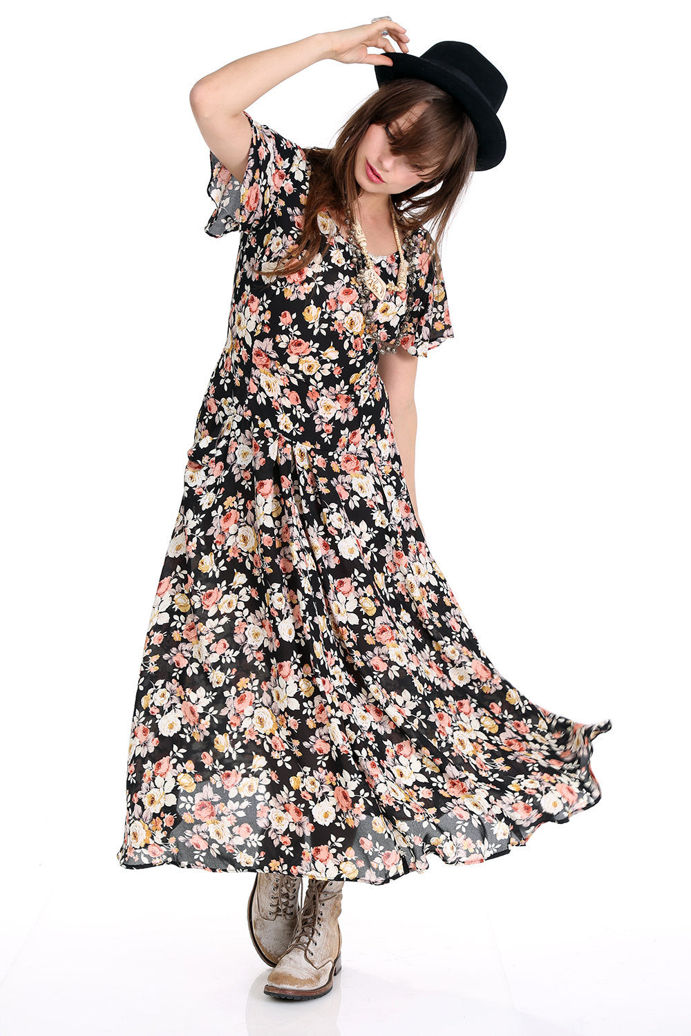 Tessa Black Floral Drop Waist Dress