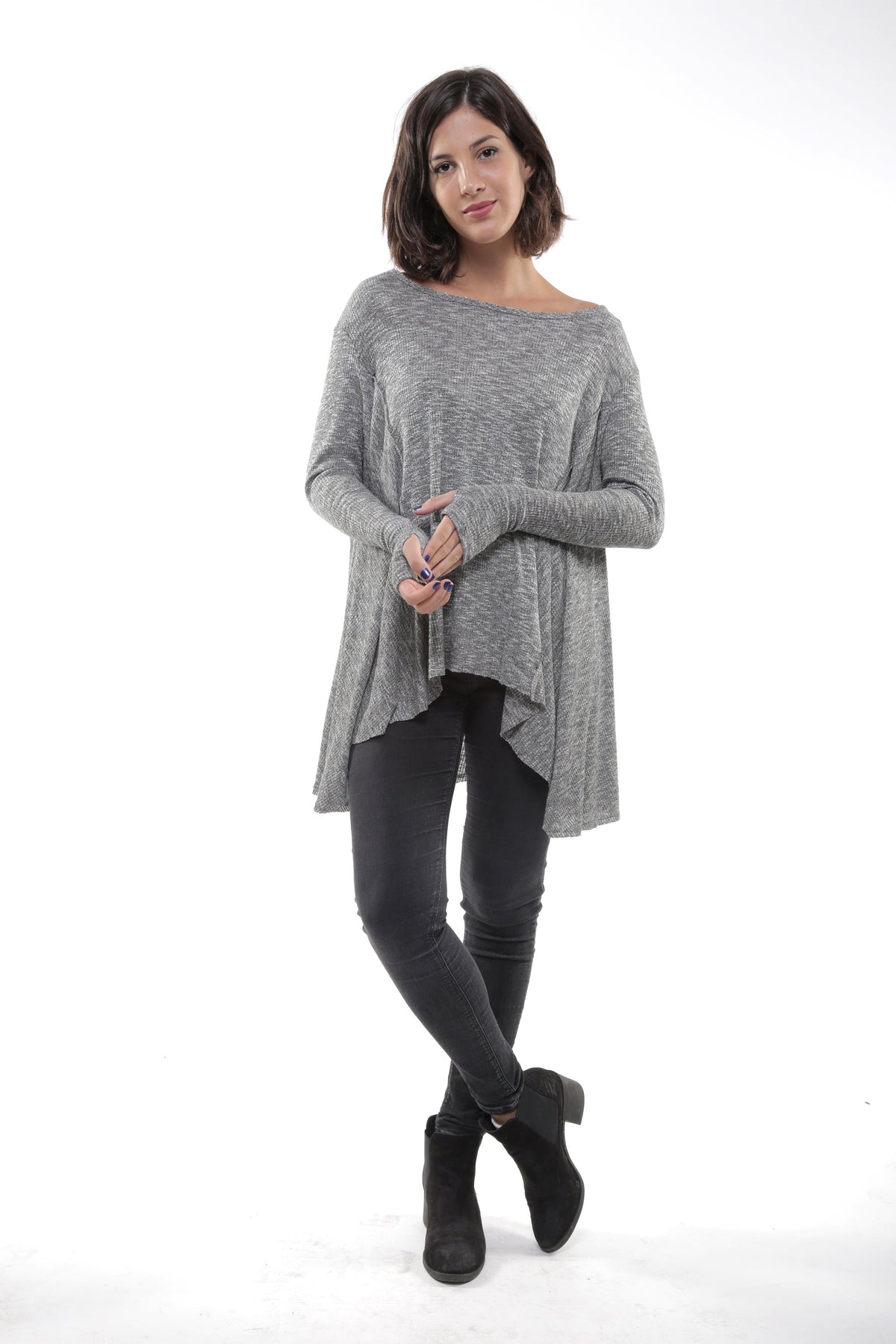 Charlie Grey Ribbed Flare Thumbhole Top