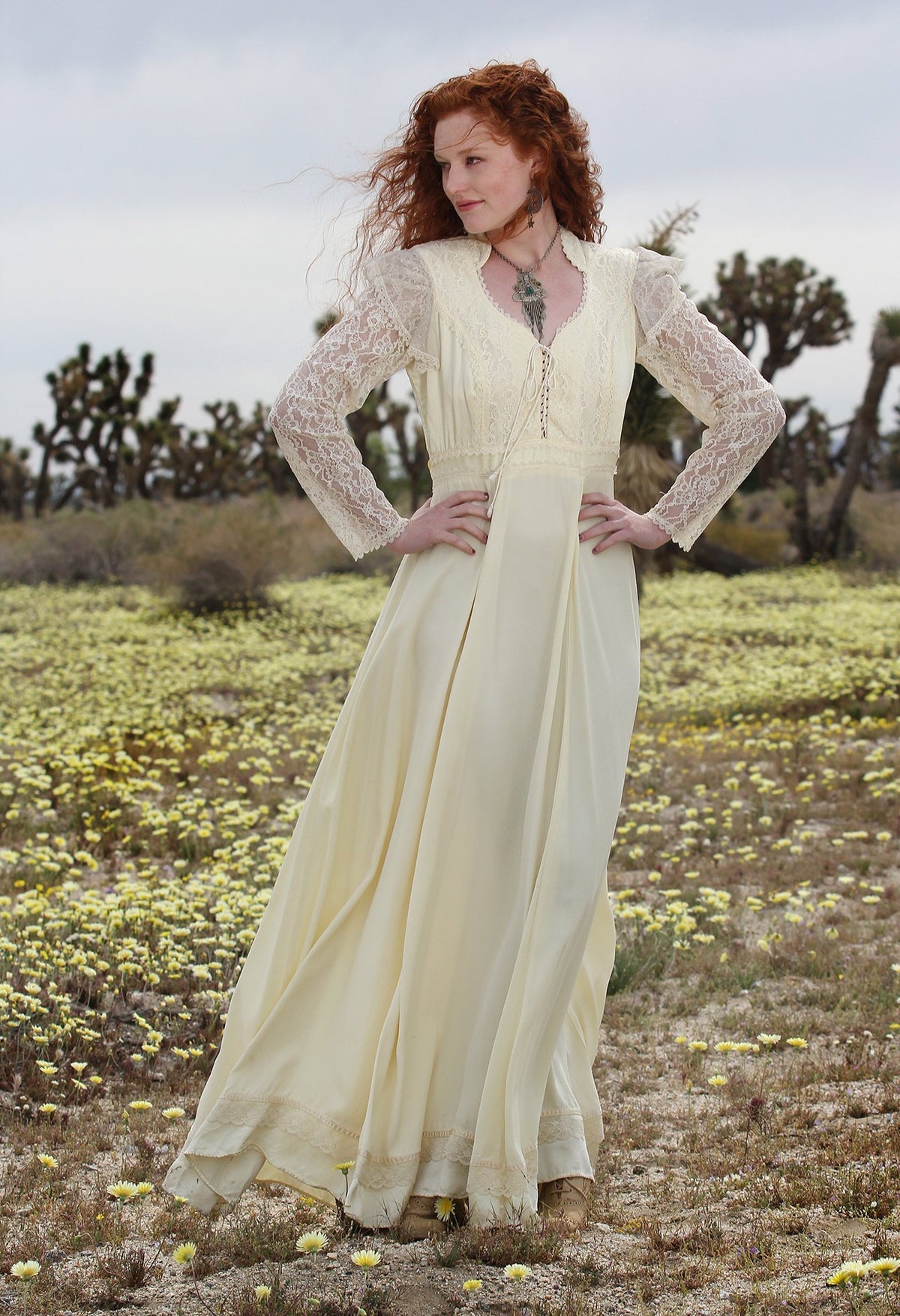 70s Boho Hippie Jessica Mclintock Style Lace Corseted Wedding Dress