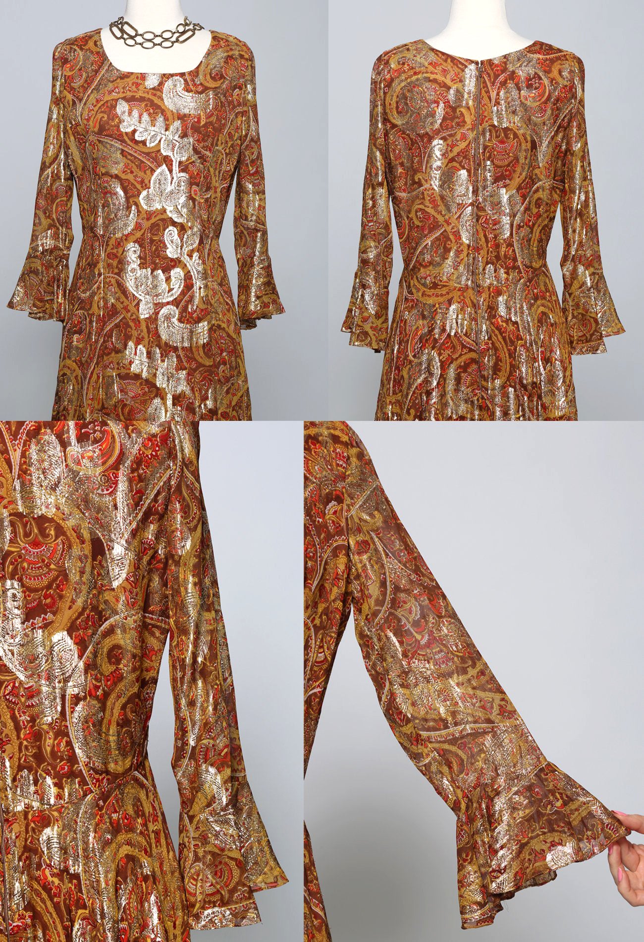 60s Paisley Metallic Gold Evening Dress