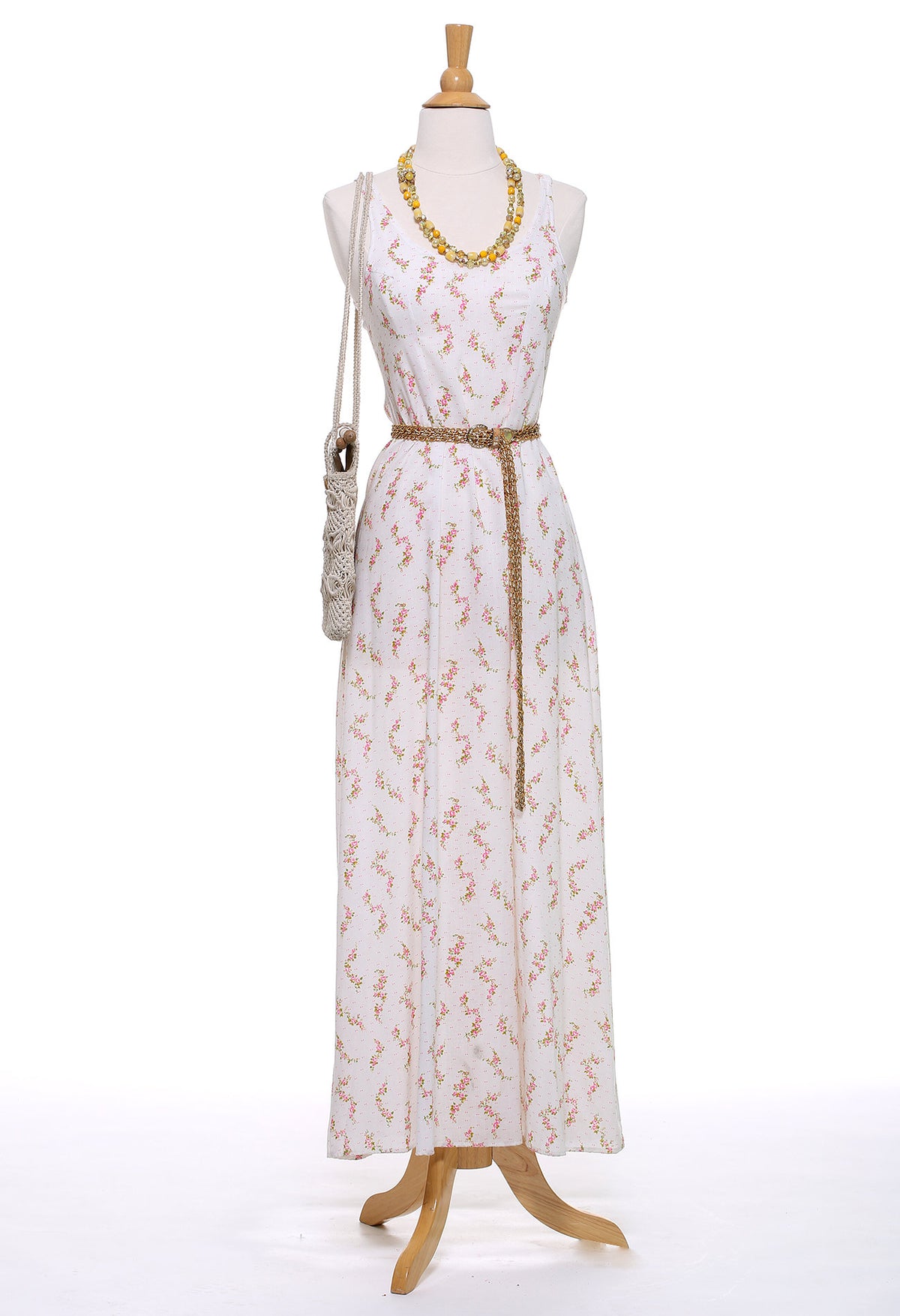 70s Pink and White Ditsy Floral Maxi Dress