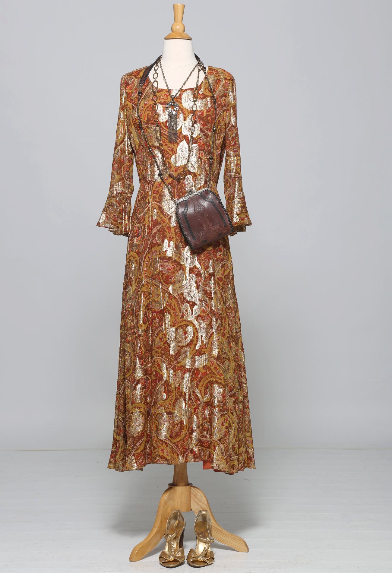 60s Paisley Metallic Gold Evening Dress