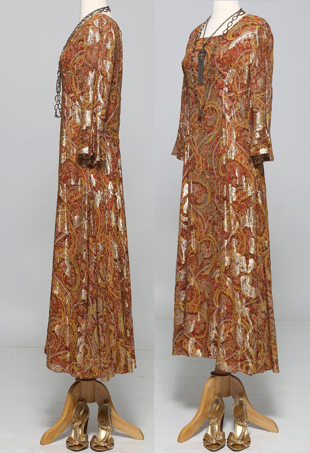 60s Paisley Metallic Gold Evening Dress