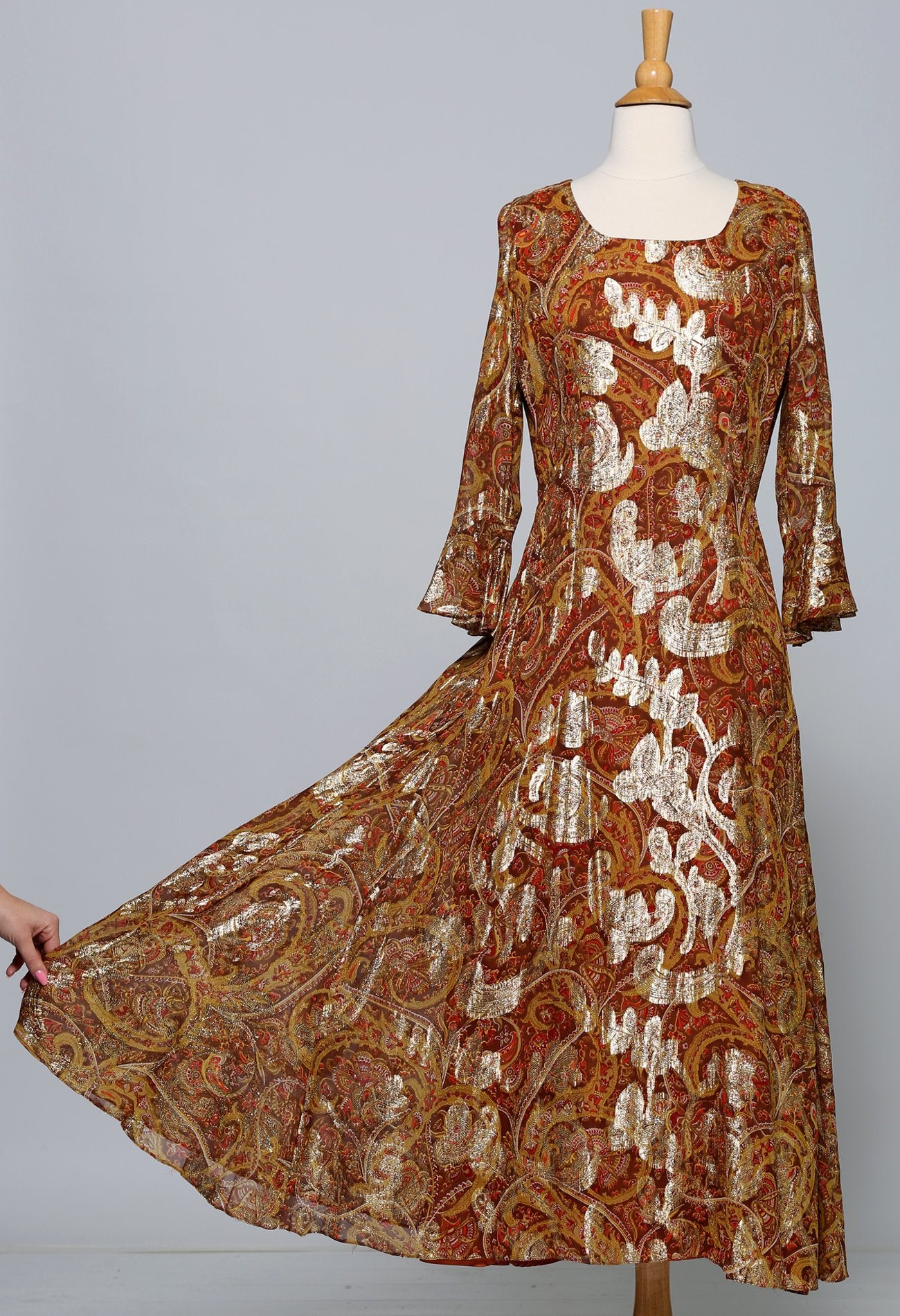 60s Paisley Metallic Gold Evening Dress