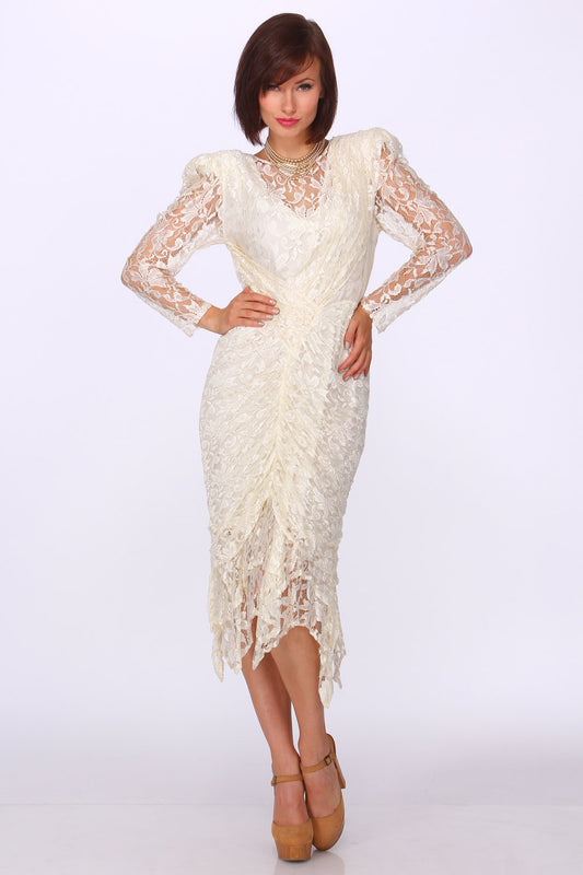 80s Lace Draped Wiggle Wedding Dress