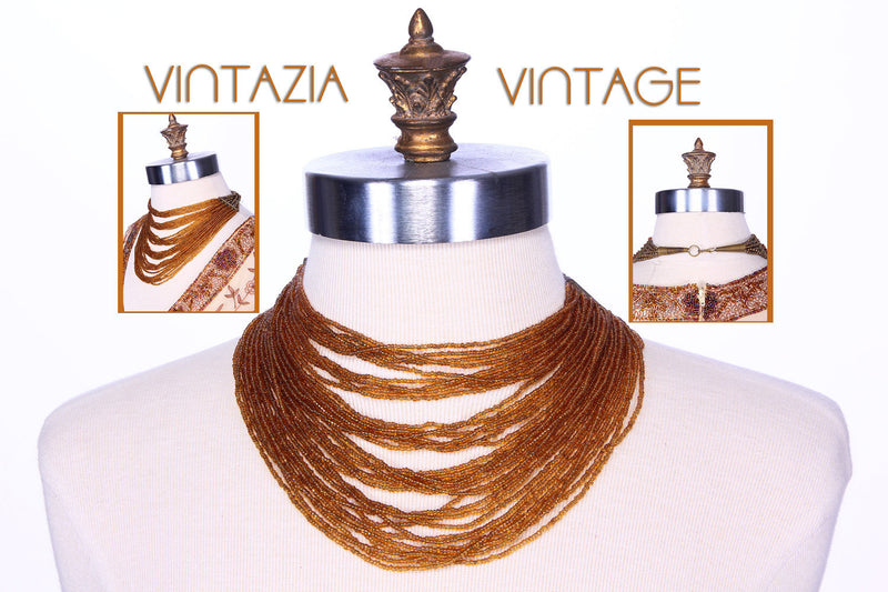 Vtg 60s Gold Beaded Multi Strand Necklace