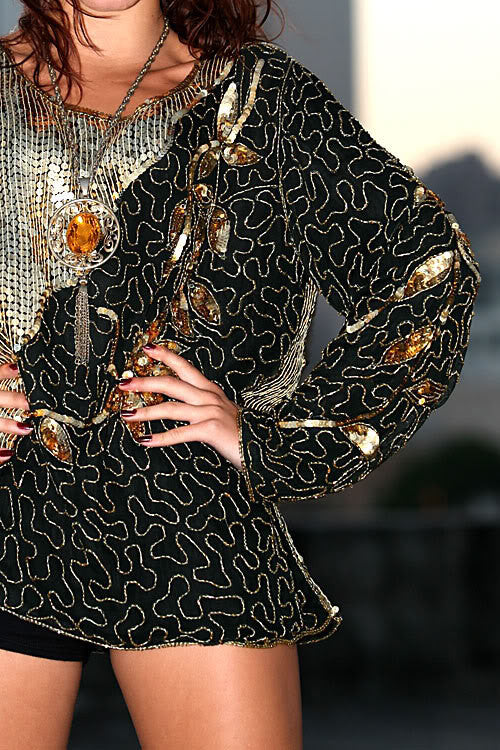 80s Black and Gold Sequin Beaded Top